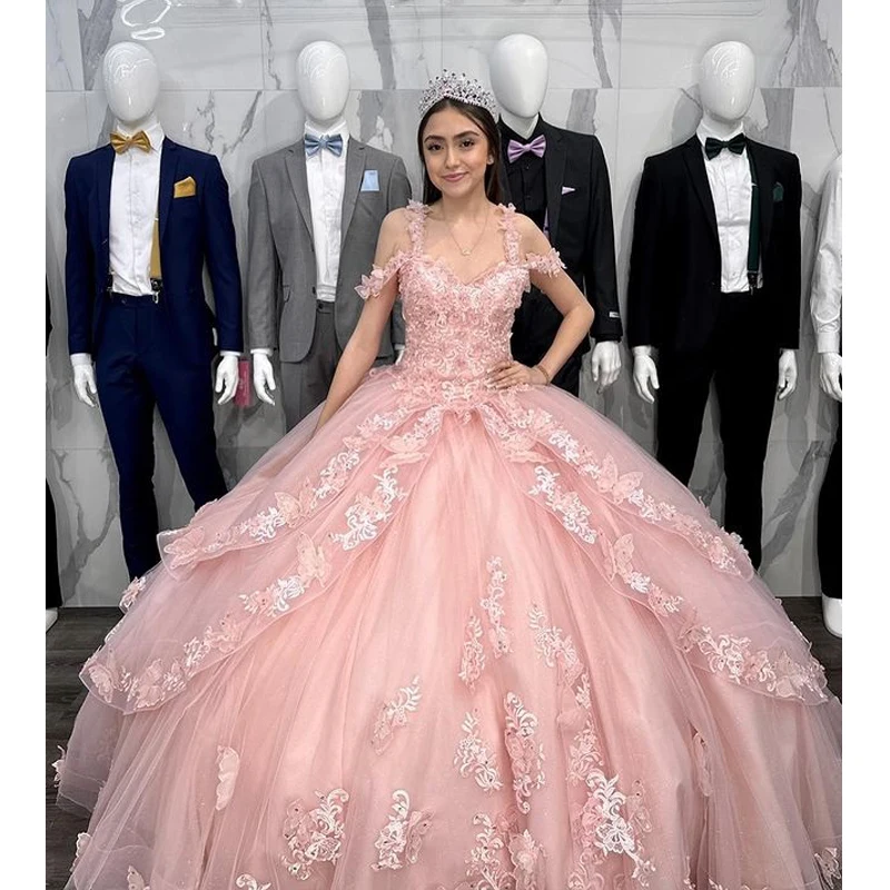 ANGELSBRIDEP Rosa Quinceanera Vestidos Off-Ombro Frisado Flores Apliques Vestidos De 15 Anos Formal Prom Birthday Party Gown