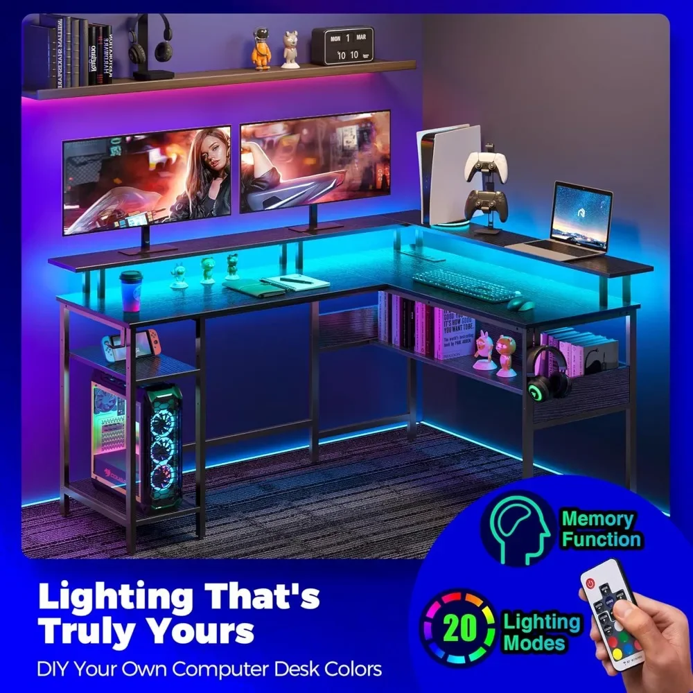 Computer desk with LED lights and power socket with monitor stand, home desk with storage space, desk with USB port and hooks