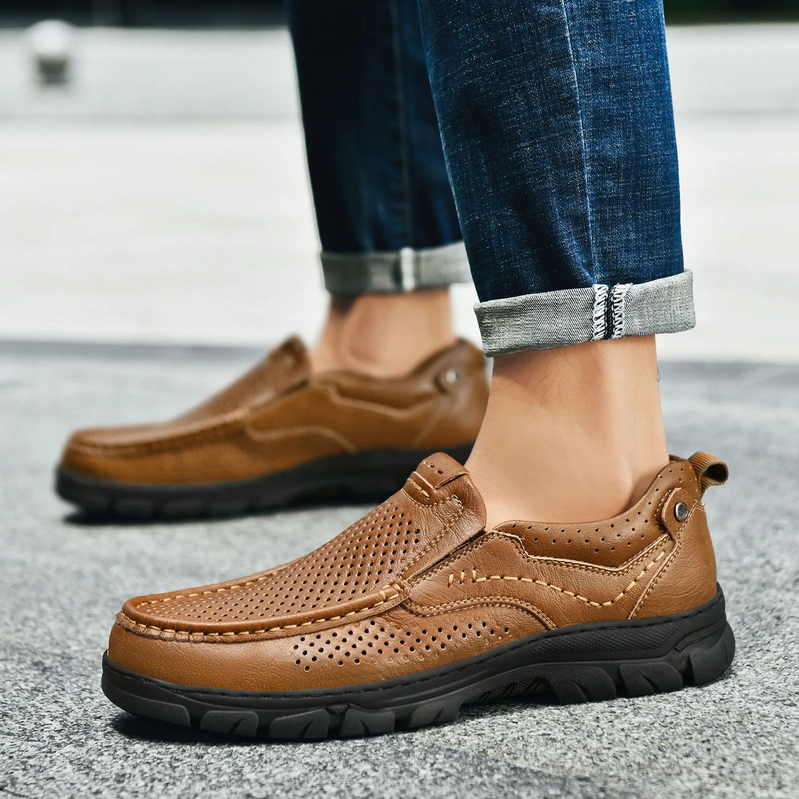 

Кожаные уличные повседневные мужские ботинки без шнуровки большого размера на удобной резиновой подошве с круглым носком Faionable Single oes