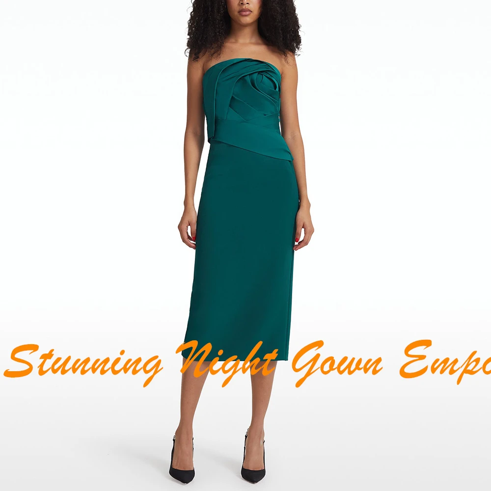 Customized Temperament Tea Length Pleats Flowers Strapless Evening Dresses Modern Straight Jersey Green Party Gowns فساتين سهرة