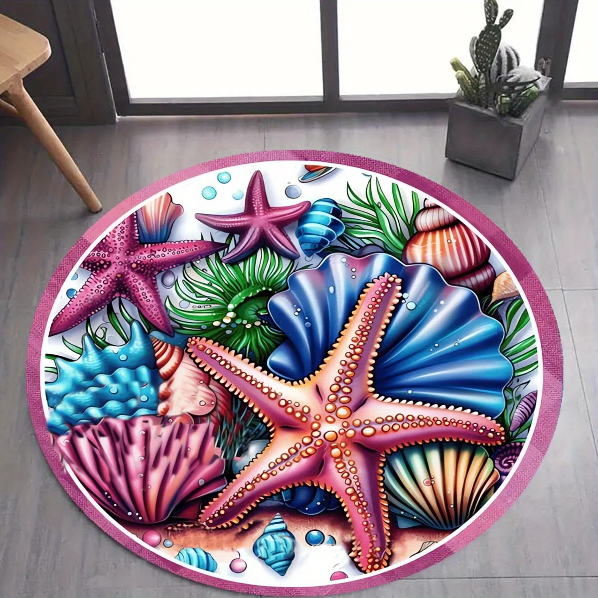 Sea Star Shell Round Rug Colorful Flannel Doormat Ocean Theme Floor Mat Bathroom Beach House Decor Waterproof Non SlipAreaCarpet
