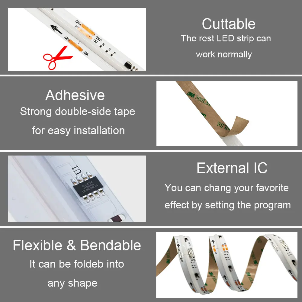 Imagem -04 - Faixa de Luz Led Cob Endereçável Pixel Rgb Inteligente Cor dos Sonhos Fita Flexível Fob Fcob 720 576 360leds m 12v 24v Ws2811