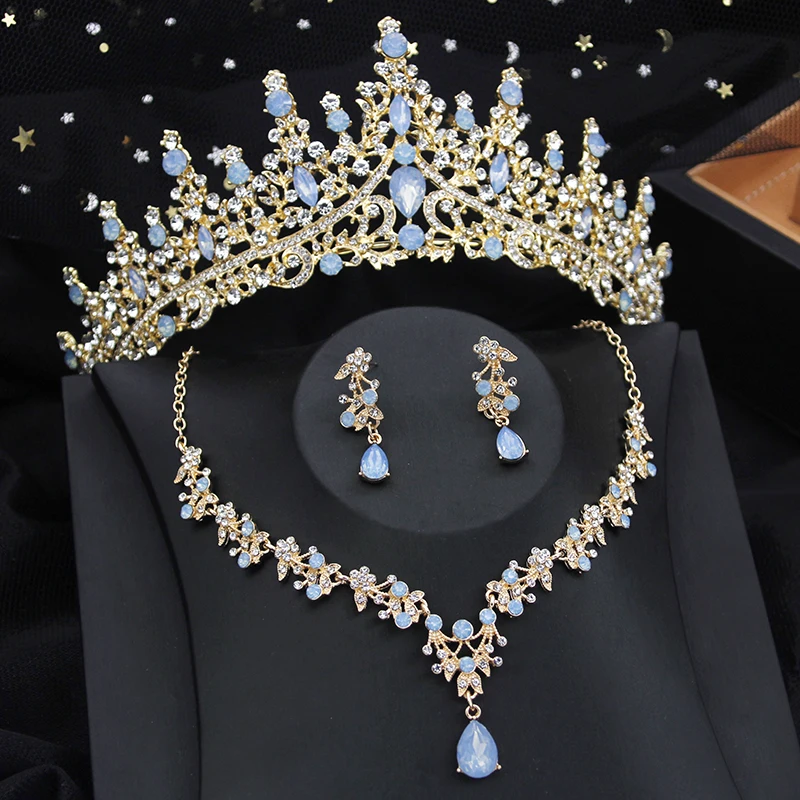 Luxury Silver Color Opal Water Drop Crown Bridal Jewelry Sets Rhinestone Tiaras and Necklace Earrings Wedding Dress Jewelry Set