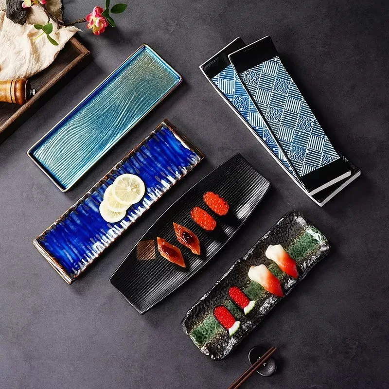 Retro light luxury Japanese rectangular flat sushi/barbecue plate ceramic tableware