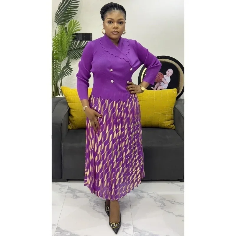 2025年新作 ミヤケ アフリカンファッション ブロンズ加工 ルーズ レディース プリーツワンピース 気質 スーツカラー エレガント ロングドレス