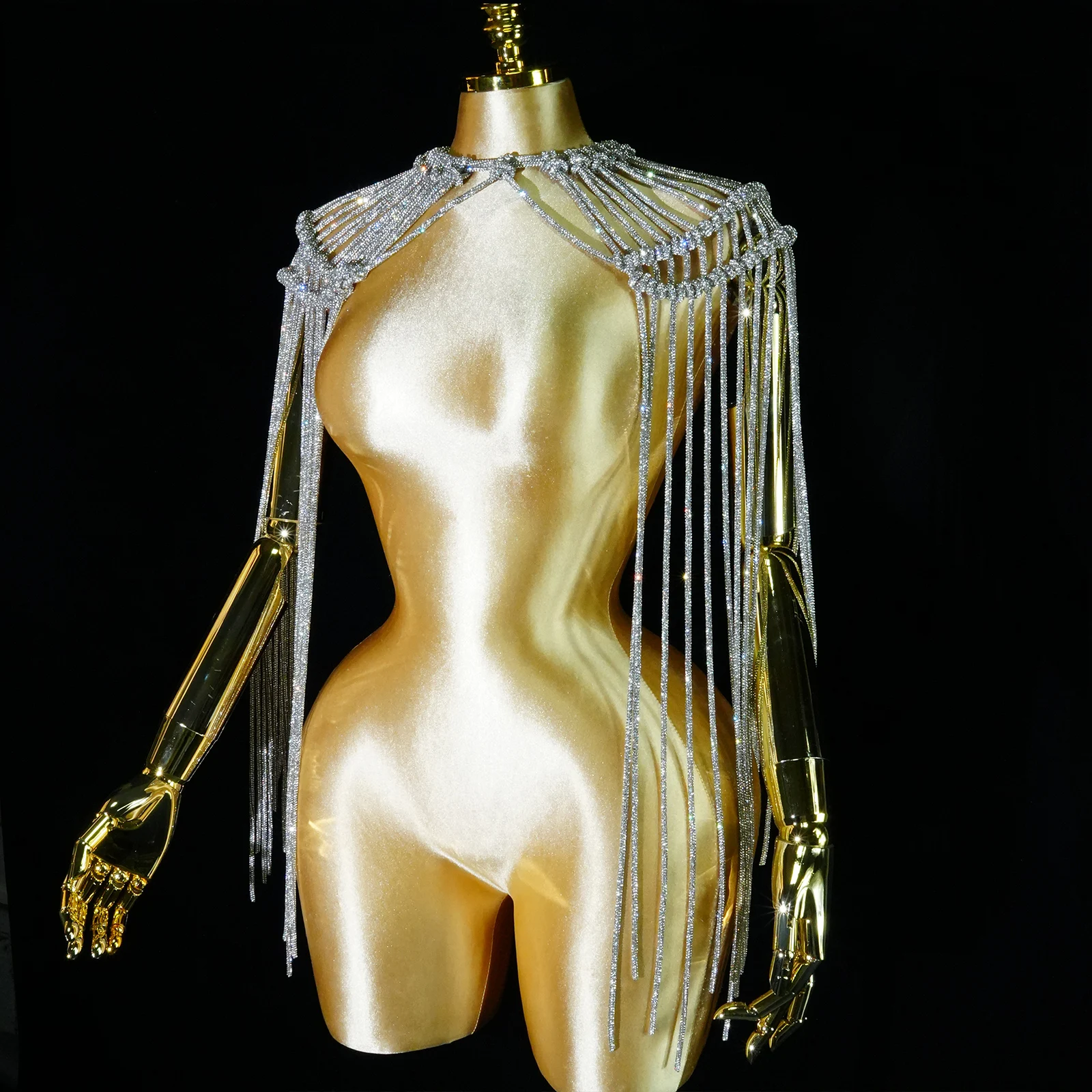 

2025 Accessories Sparkle Silver Chains Shoulder Stage Performance Costume Drag Queen Show Outfits Birthday Party DJ DS Festival