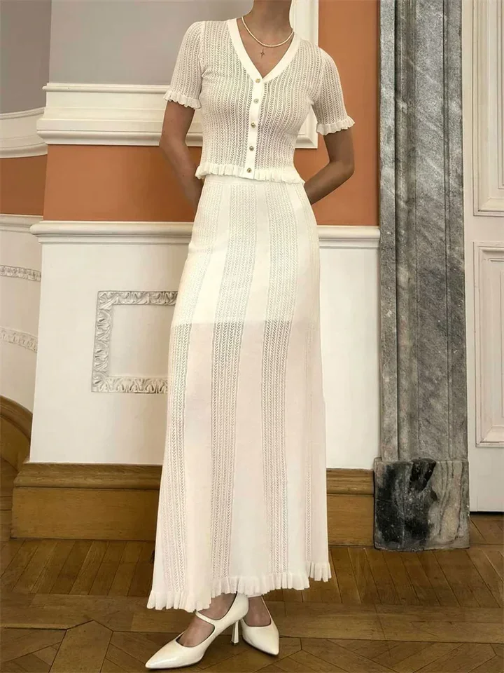 

Knitwear Fashion 2 Piece-Set Maxi Skirt Women's Ruffled See-Through Short Sleeve Elegant Party Looks Female Knit Outfits