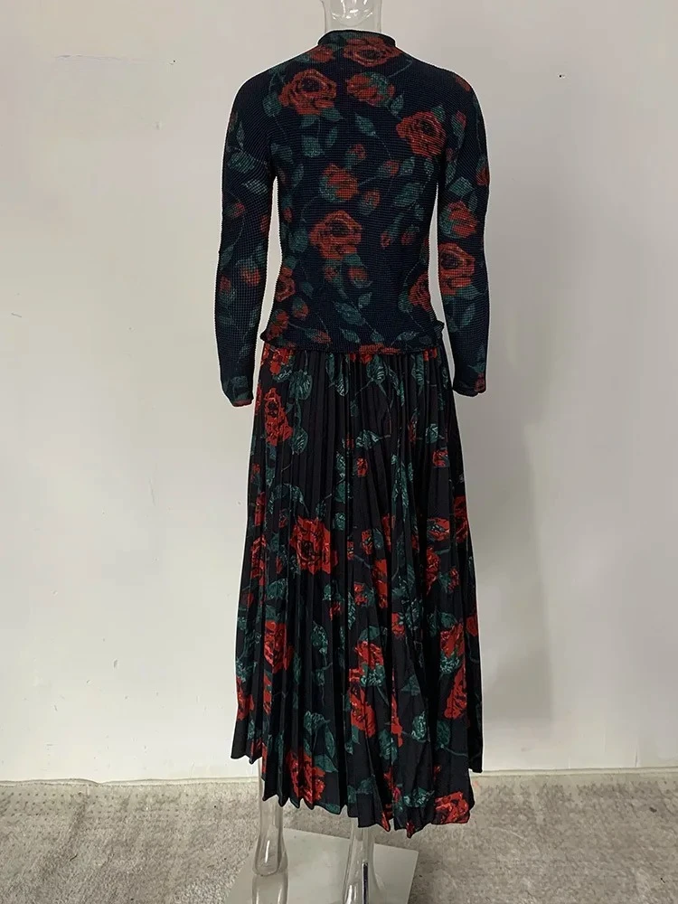 Miyake Fashion Party Print 2 Piece Set Women Long Sleeves Tops High Waist A-line Skirt Elegant 2025 New Clothing