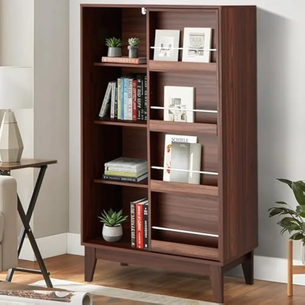 

4-Tier Open Shelf Bookcase with Sliding Door, Wide Bookshelf with Magazine Racks,Book Shelf, Freestanding Storage Display Cabine