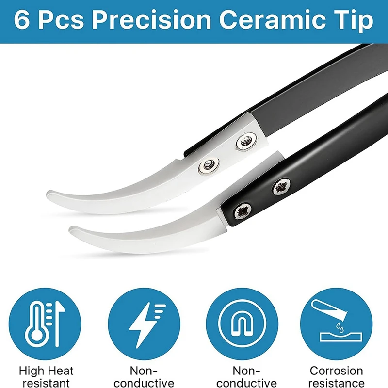 6Pcs Precision Reverse Ceramic Tweezers Set, Resistant Electronics Soldering Tweezers Anti-Magnetic Pointed For Solder