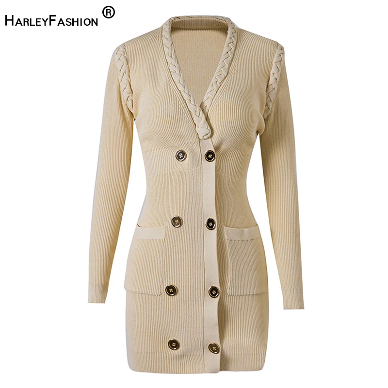 

Women Mini Knit Dress with Handmade Braid Collar Luxurious Style Beige Color Brief Sheath European Lady