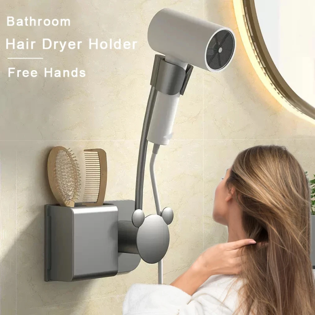 

Hair Dryer Holder Bathroom Wall-mounted Hairdryer Storage Rack Free Hands Multifunction Adjustable Comb Hair Dryer Organizer