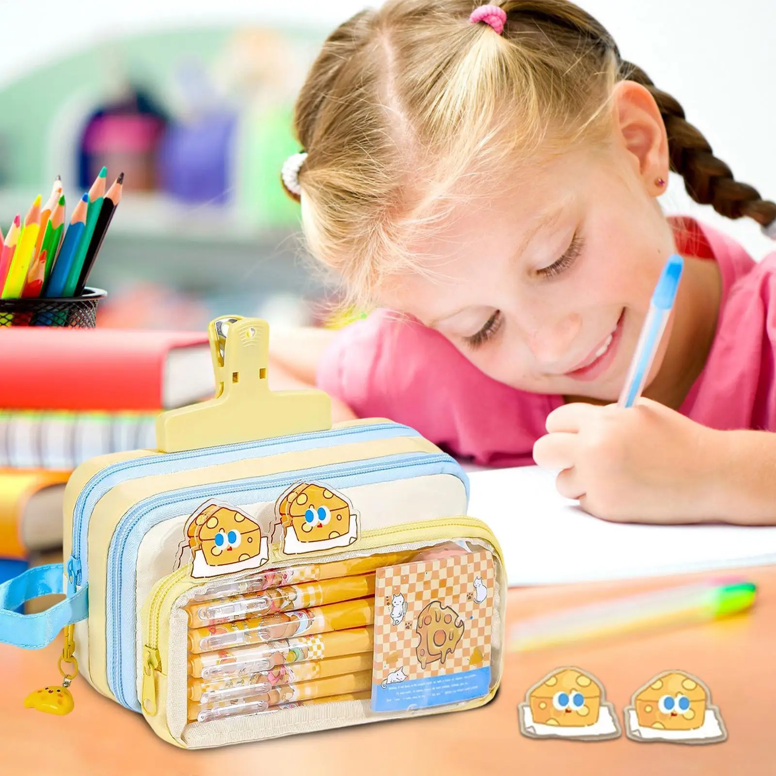 Pencil Pouch With Supplies Cute Cheese Large Capacity Stationery 30 Pieces Kids School Supplies Set For Home After-Class