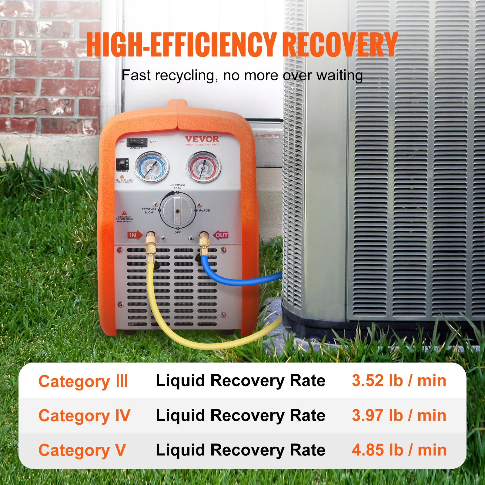 VEVOR Portable 1HP/3/4 HP Refrigerant Recovery Machine - AC Recovery Machine120V Recovery Machine HVAC for Liquid Refrigerant