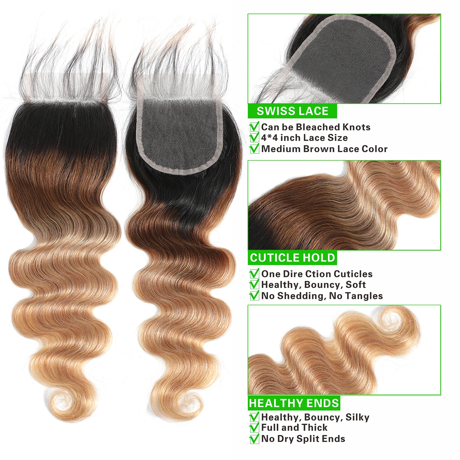 สี Ombre Body Wave Human Hair Bundles ปิดผมมนุษย์บราซิล 1b/4/27 ผมรวมกลุ่ม Human Hair Extension 4x4