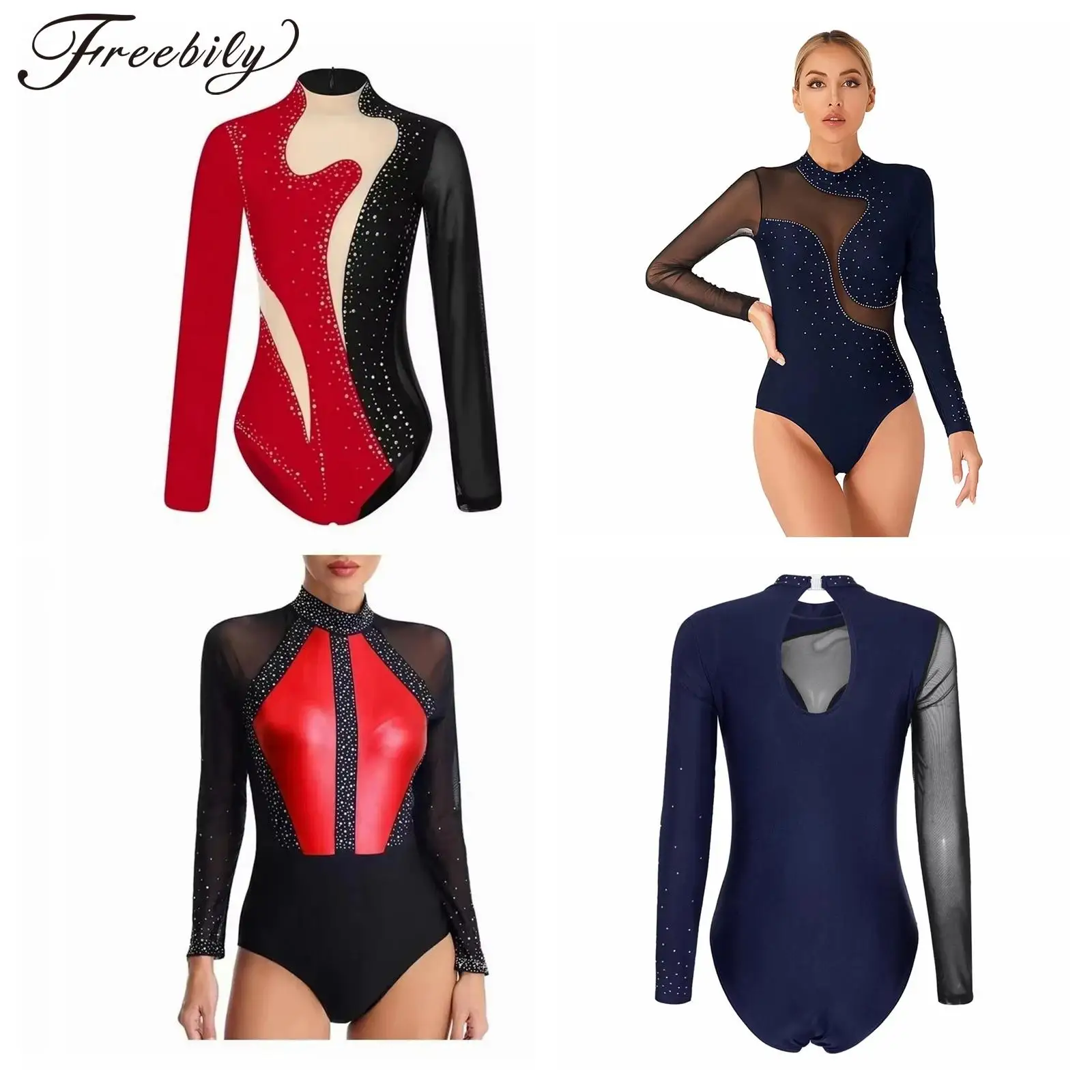 

Women's Figure Skating Leotard Yoga Ballet Dance Bodysuit Lady Mesh Long Sleeve Tops Adult Athletic Rhythmic Gymnastics Jumpsuit