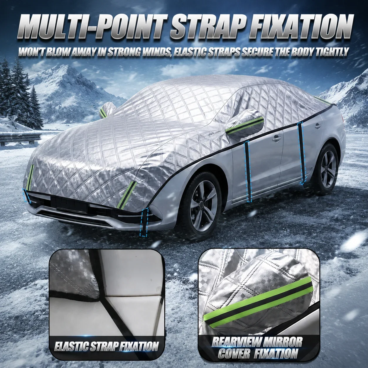 Outdoor Half Car Cover Aluminum Foil Snow Cover All Season Sun Protection Reflective Windproof Windshield Cover for Sedan/Suv