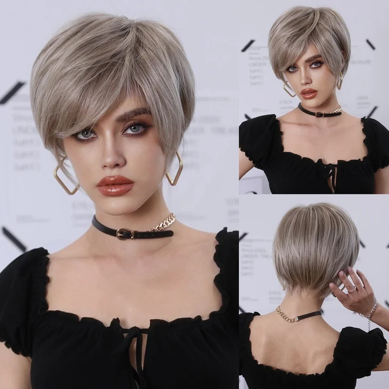 Short blonde wavy straight hair with side parting synthetic hair female full