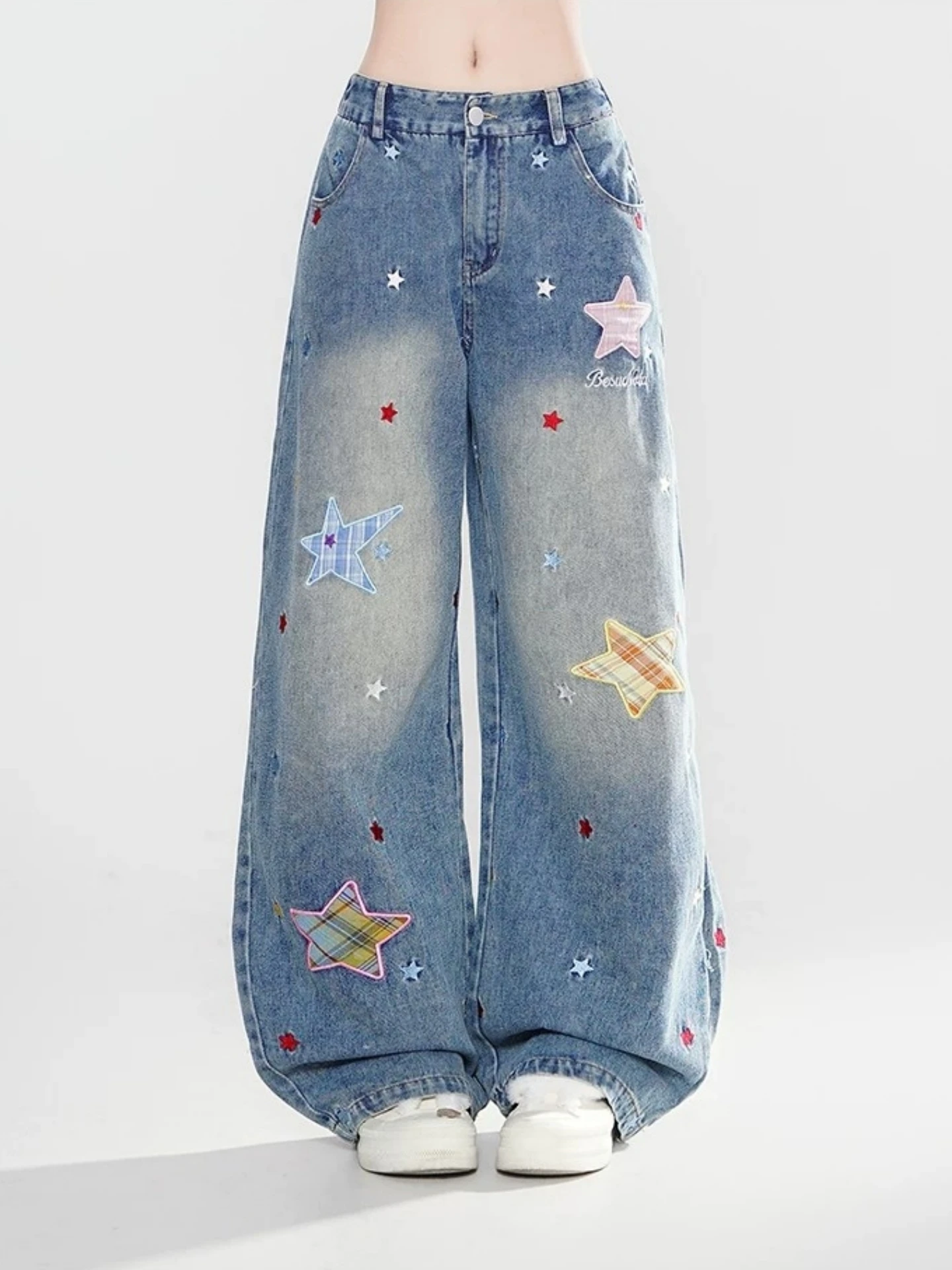 Casual Loose Wide Leg Jeans Women's New Design Sense Star Embroidery Straight Street Style Blue Denim Pants Low Waist Zipper
