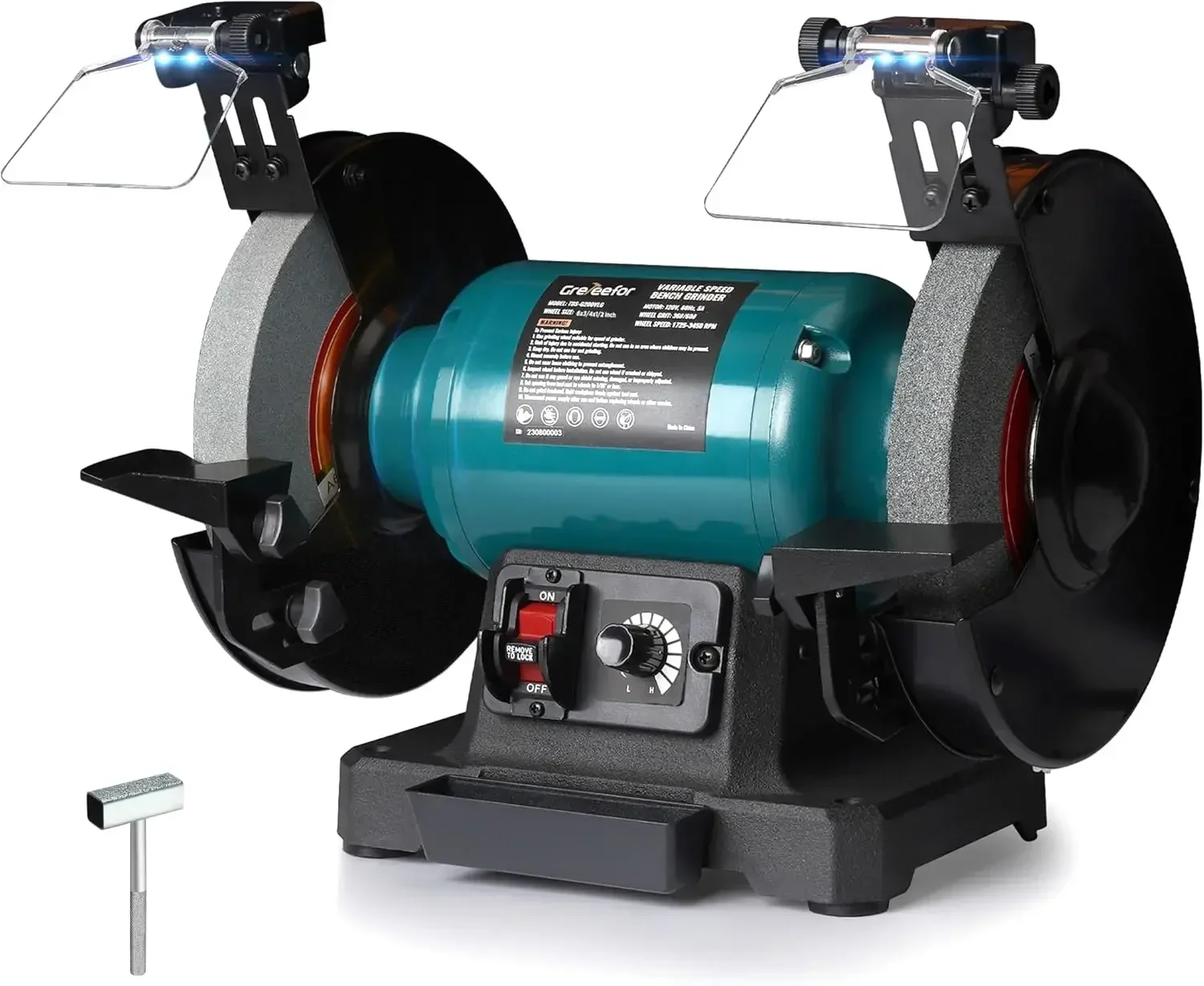 

6-Inch Variable Speed Bench Grinder with Grinding Wheel Dresser, 1725–3450 RPM 2.5 Amp Brushless Induction Motor, LED Work Light