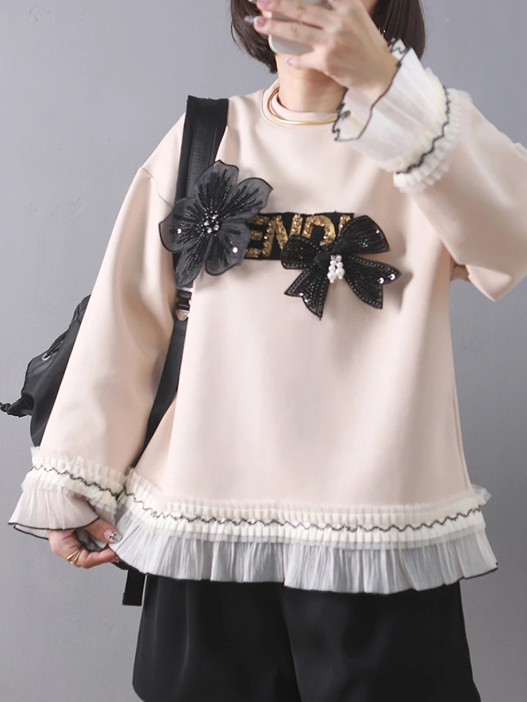 Apricot Sweatshirts Women Fall Winter Patchwork Beaded Long Sleeve Loose Casual Pullovers Female 2024 New Fashion Tops Jumper