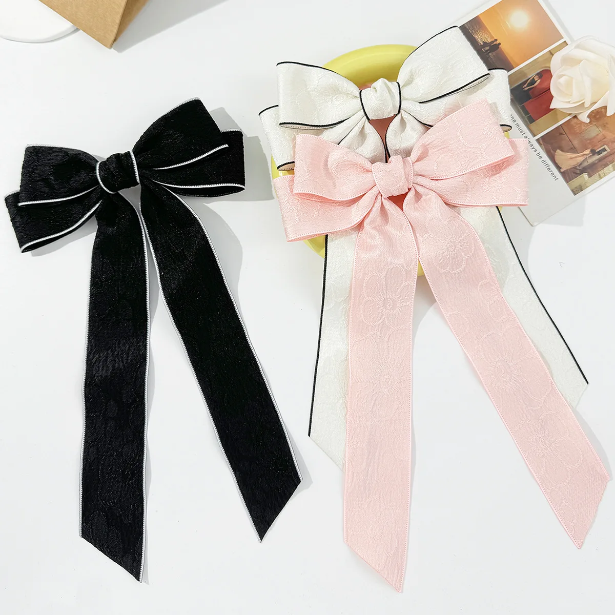 24pc/lot Women Girls Long Ribbon Hair Clips Hairpins Long Tails Embroidered Bow Alligator clips Barrettes Kids Hair Accessories