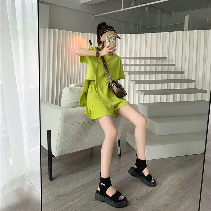 Elegant Fashion Harajuku Slim Fit Female Clothes Loose Casual All Match Tops Solid Short Sleeve T-shirts Shorts Two Piece Set