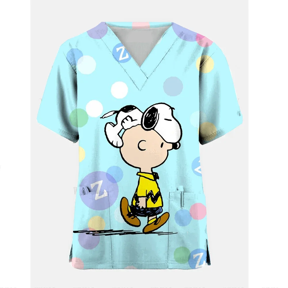 Cartoon Nursing Scrubs Tops Nurse Uniform Snoopy Print T-shirt PEANUTS Man Women Fashion V-neck Pocket  Medical Workwear y2k top