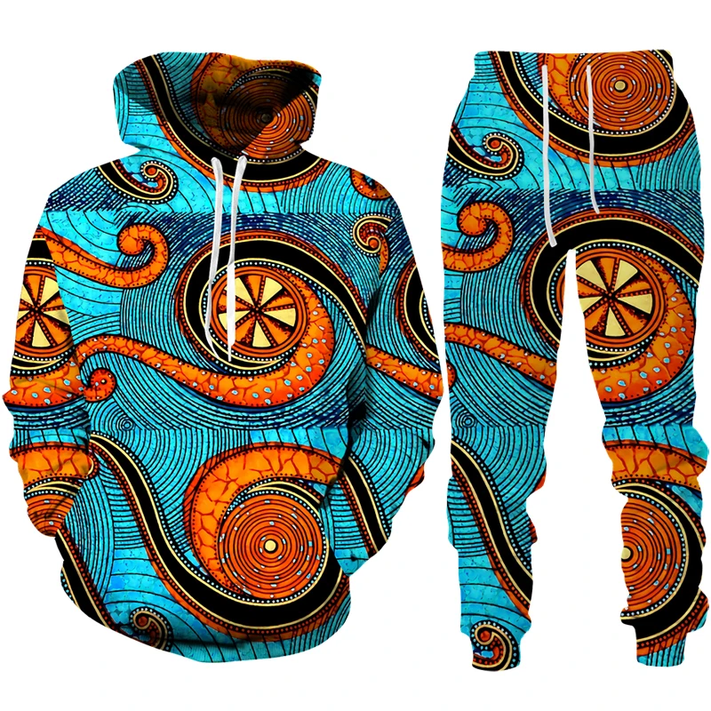 

Retro Tracksuit Set Colorful African Ethnic Men 3D Printing Hoodie Pants Suit Two Piece Sportswear Oversize Vintage High-quality