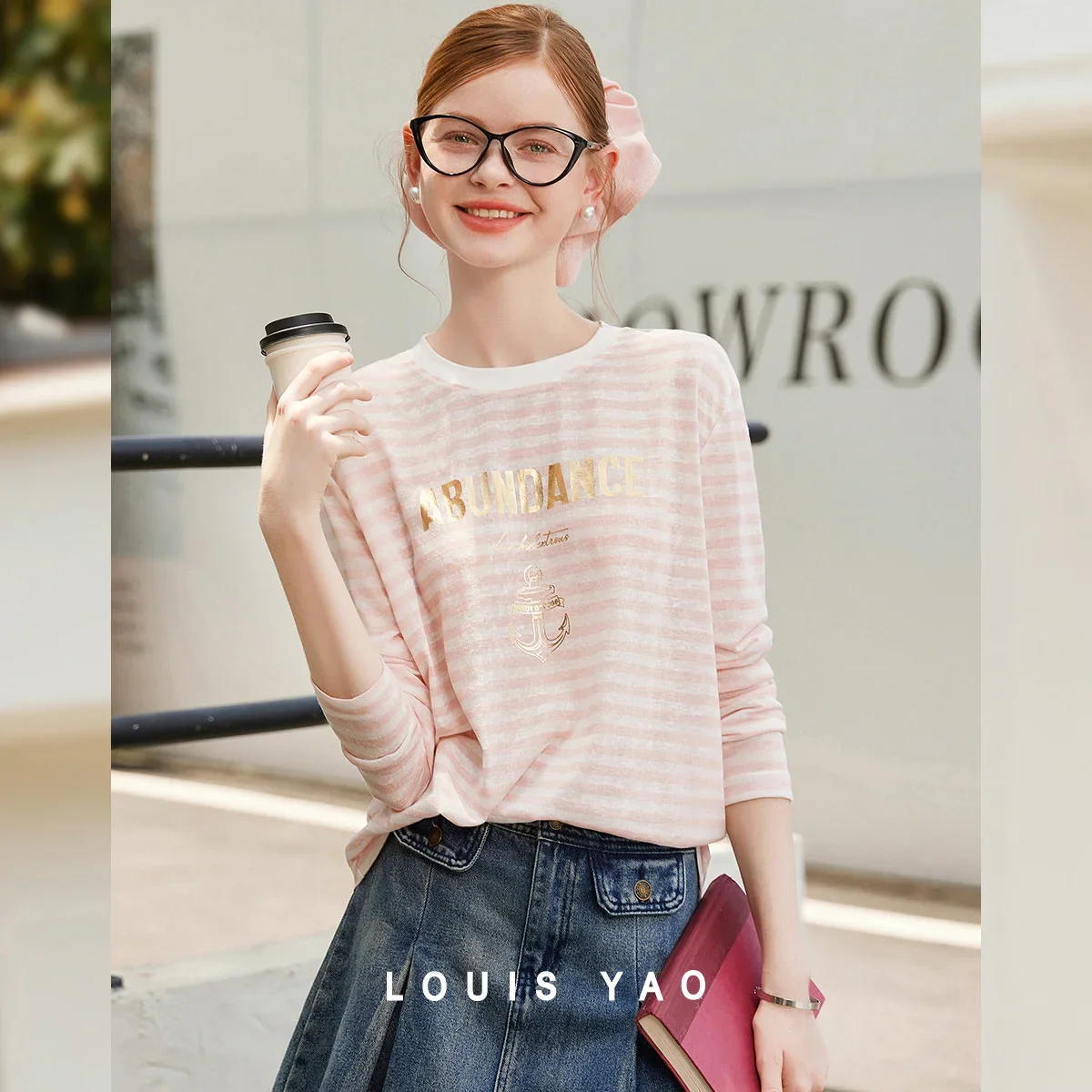 

LOUIS YAO Striped Contrast Color Women's T-Shirt 2025 Autumn Round Neck Print Long-Sleeve Tees Casual Tops