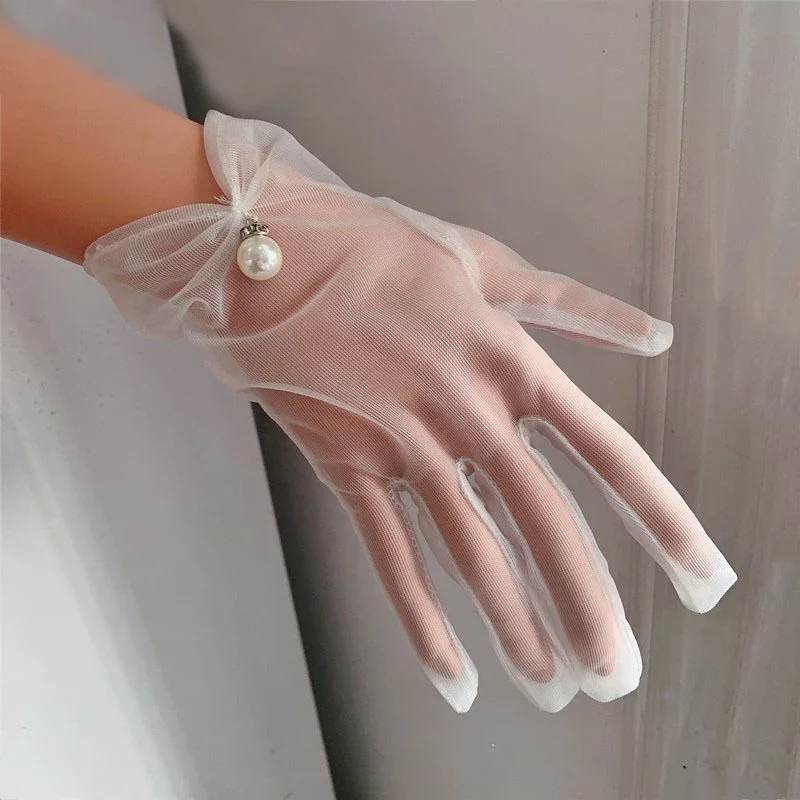 Novo bowknot pérola rendas luvas de cetim feminino noiva elegante festa de casamento protetor solar mão luvas acessórios festa de casamento