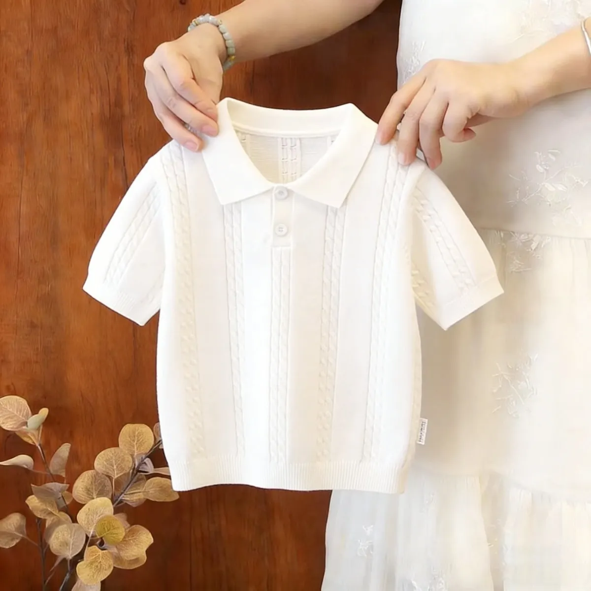 

Children's Short sleeved Knitted T-shirt Summer New Style Boys' and Girls' White Collar Top