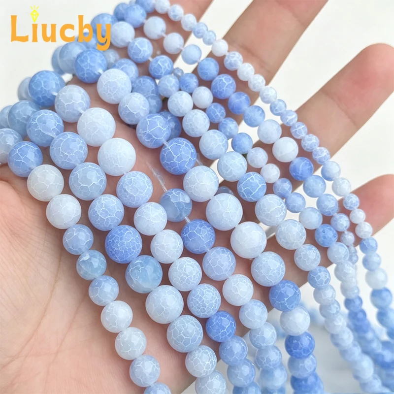 Wholesale Natural Blue round Weathered Agate Healing Crystal Loose Gem Beads for Jewelry DIY 4mm 6mm 8mm 10mm 12mm 15inch Strand