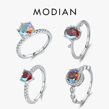 MODIAN 925 เงินสเตอร์ลิงที่สวยงามสายรุ้งสีเรขาคณิตหัวใจCubic Zirconiaค็อกเทลแหวนแฟชั่นผู้หญิงเครื่องประดับFine
