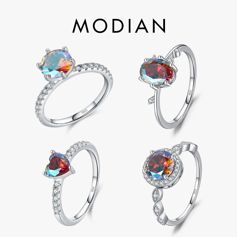 MODIAN 925 Sterling Silver Oszałamiający kolor tęczy Geometryczne serce Pierścionki koktajlowe z cyrkoniami dla kobiet Moda Biżuteria