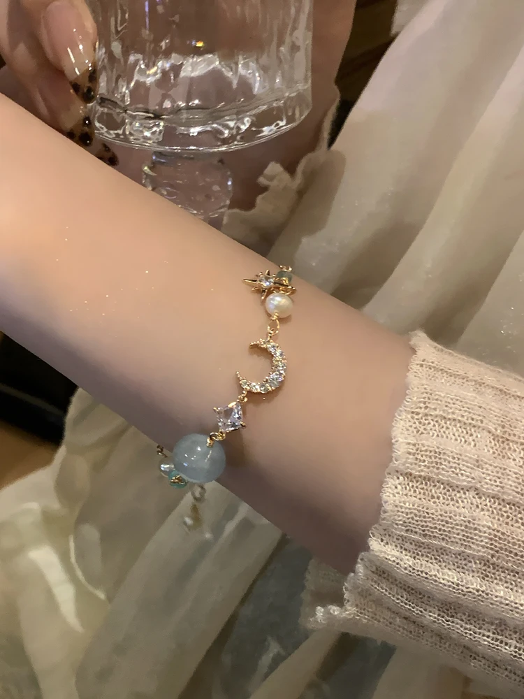 Blue Love Luxury Vintage Aquamarine Pearl Bracelet Trendy Summer New Sweet Fashion Hand Chain Jewelry Accessories