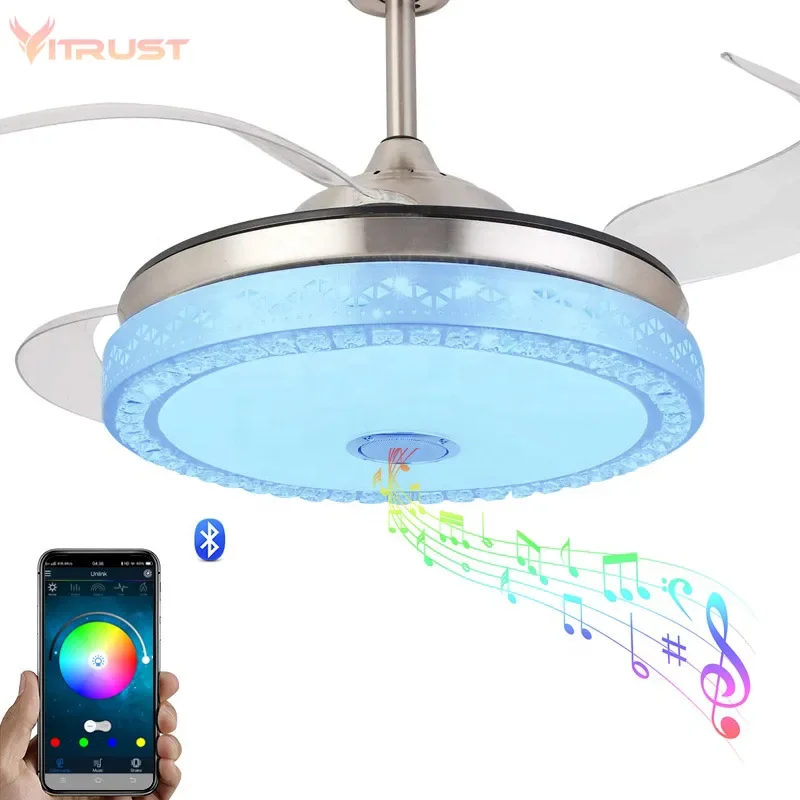 Retractable Ceiling Fan with Light and Speaker 7 Changing Color LED Fan Chandelier with Remote 36W