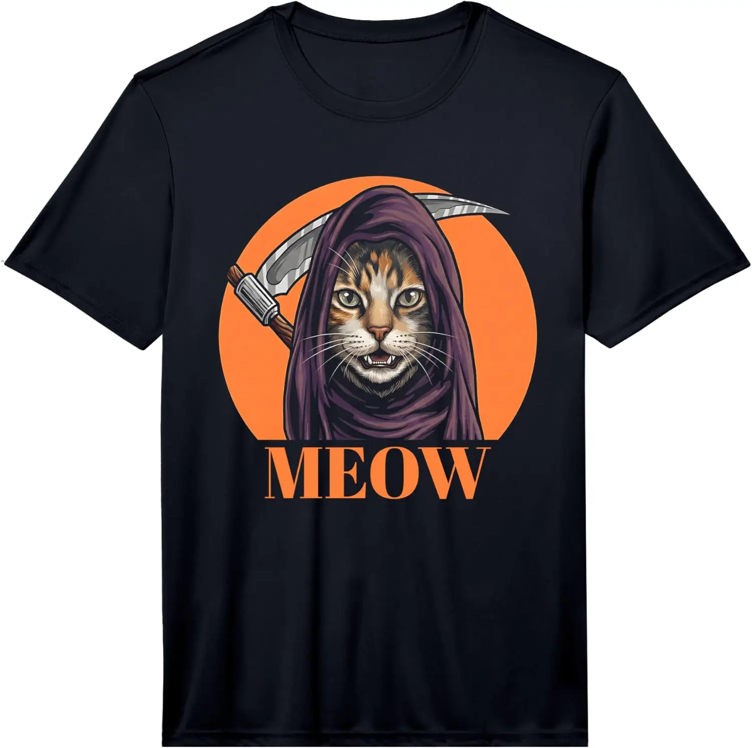 Men's Grim Reaper Cat Humor Meow Dark Animal Joke Performance T-Shirt Men's Spooky Halloween Graphic Print T‑Shirt, Crew Neck Short Sleeve Casual Cotton Tee For Holiday Party Daily Street Wear.