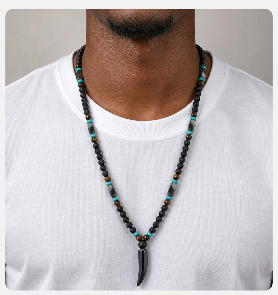Vnox Herren Lavastein-Perlenkette, Hämatit-Wolfszahn-Anhänger, Tigerauge-Türkis-Perlen Tribal Männerschmuck für den Alltag, Geschenk – Detail 2