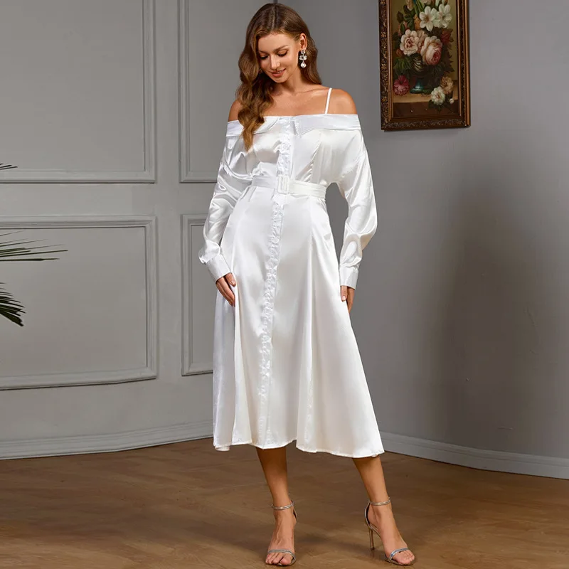 Vestido ajustado de manga larga de Color sólido con hombros descubiertos y temperamento elegante a la moda europea y americana para mujer