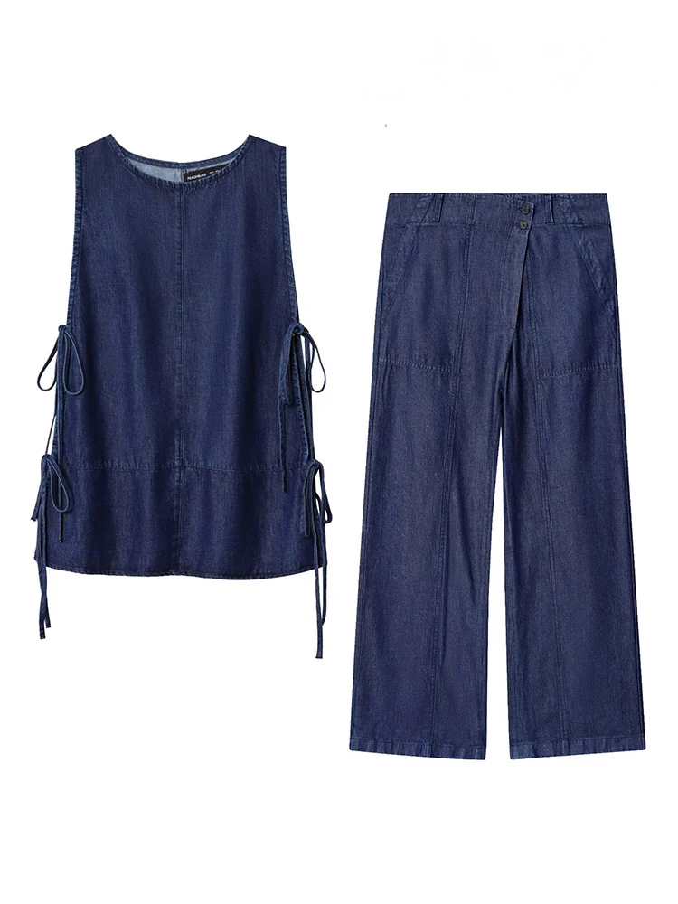 

HH Women Solid Denim Elegant 2-Piece Set Sleeveless Bow Decoration O-Neck Top+Summer Pockets Button Loose High Waist Pants