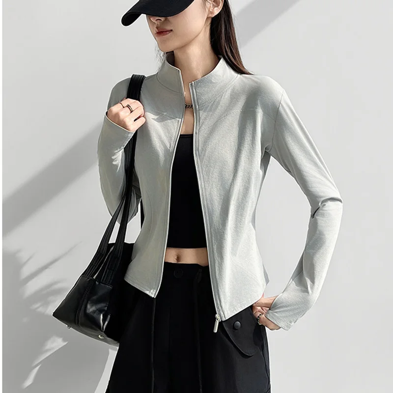 Sommer-Stehkragen-Sonnenschutzjacken für Damen, schmal geschnittene Langarm-Yoga-Sportmäntel, Damen-Outdoor-Reißverschluss-UV-Schutzjacke