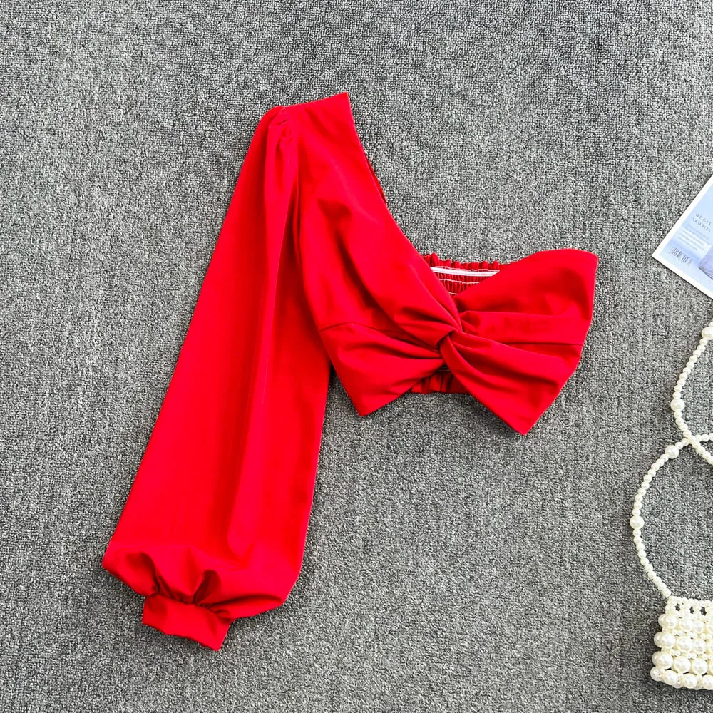 Skew Collar Sexy Blouse Elastic Waist Ruched Long Sleeve Slim Beach Tops Women Korean Style Solid Short Blouses 2022