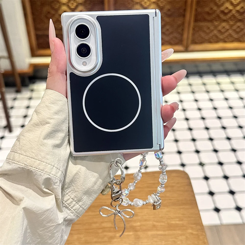Magnetic Circle Phone Case For Samsung Galaxy Z Fold 8 Matte Black Hard Shell With Bow Bead Chain Shockproof Protective Cover