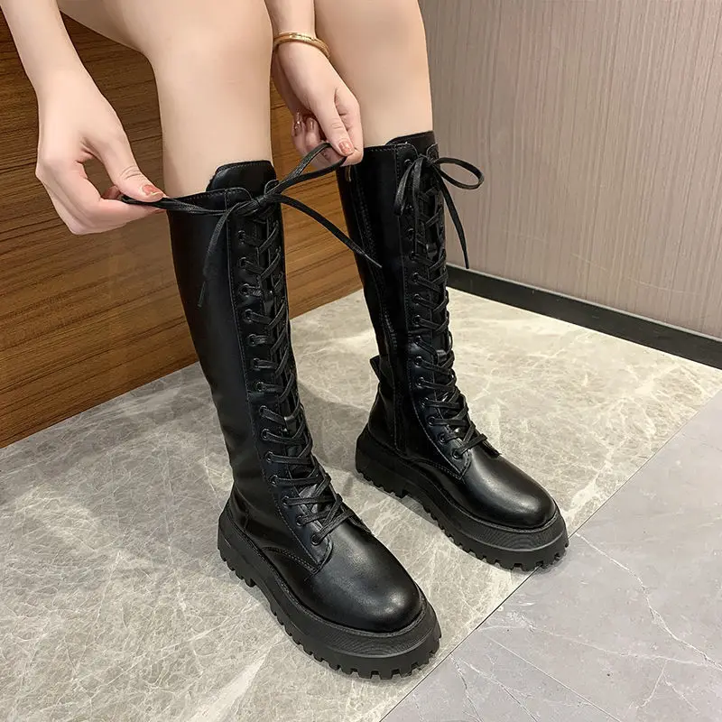 

Women Knee High Boots Spring Pu Leather Ladie Punk Long Female Lace Up Cuissarde Femme 2022 Zip Black Chelsea Botas Femininas