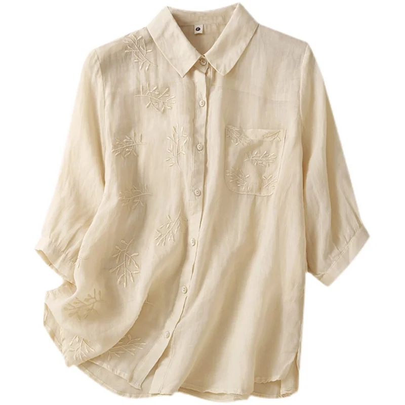 Vêtements d'été irt brodés en coton et lin de couleur Pure, coupe cintrée, haut du corps Seven Sve, ourlet fendu simple