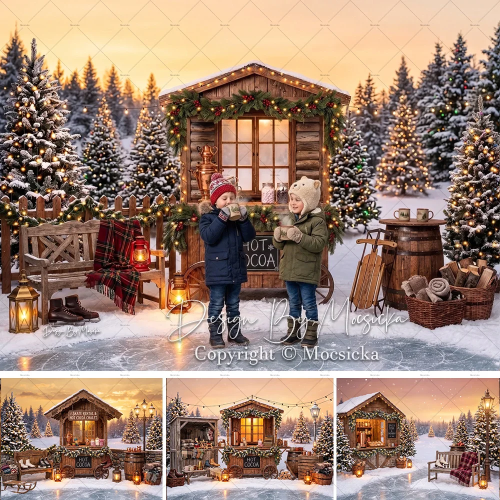Mocsicka Christmas Snowy Cabin Backdrop Photography Frozen Ice Ground Wooden Hot Drink Hut Winter Background Family Xmas Photo