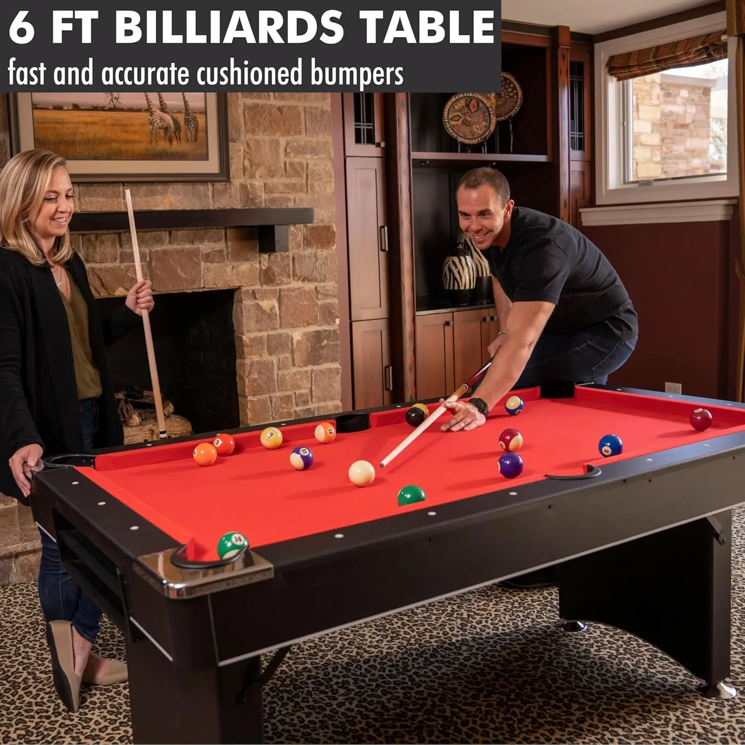 6 FT Table. Includes Billiard Tables Accessories- 2 Pool Cues, Set of Pool Table Balls, Triangle, Table Brush, Chalk