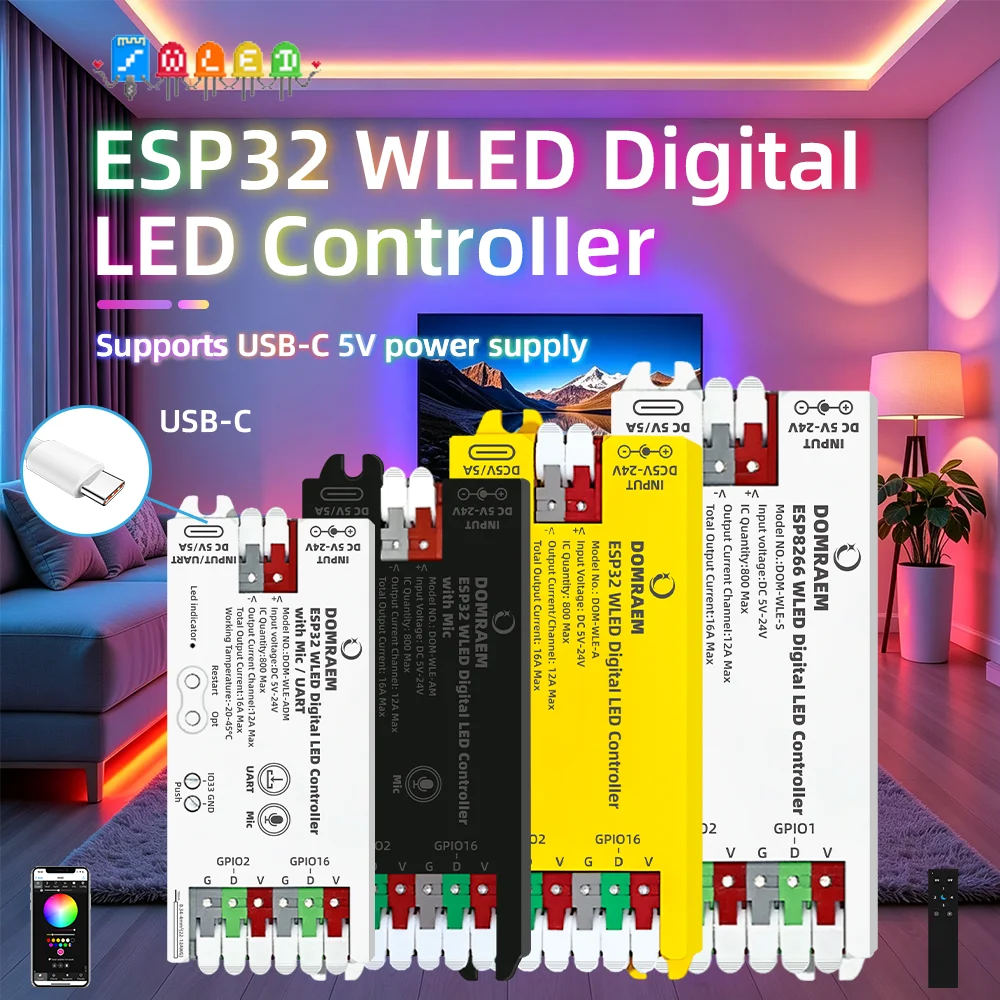 DOMRAEM WLED LED Strip Controller USB-C ESP8266 ESP32 Mic Sync 16A Fuse Level Shifter WS2812 SK6812 RGBIC Digital Pixel Light