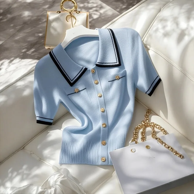 Blue Collared Short-Sleeve T-Shirt Women, 2026 Summer New Style, Stylish Color-Blocking Knit Top For Women